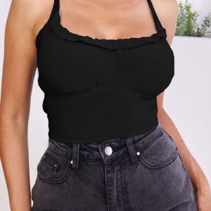 Black Ruched Bust Frill Detail Criss Cross Strappy Crop Top - Clara