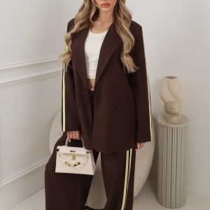 GEORGIA CHOCOLATE PIPED SLEEVE BLAZER AND STRAIGHT LEG PANTS CO ORD TWO PIECE SET