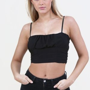 Black Slinky Double Layer Ruched Bust Crop Top - Thalina