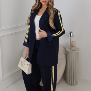 GEORGIA NAVY PIPED SLEEVE BLAZER AND STRAIGHT LEG PANTS CO ORD TWO PIECE SET