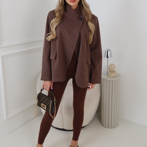 CHER PIN STRIPED CHOCOLATE HIGH NECK SHOULDER PADDED BLAZER