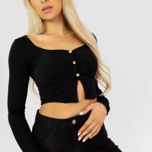 Black Button Front Long Sleeve Crop Top - Novina
