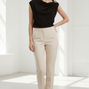 Black One Shoulder Draped Top With Gold Shoulder Detail- Fiana
