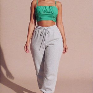 Green Slinky Double Layer Ruched Bust Crop Top - Thalina