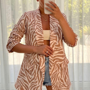 Kiaya Beige & Cream Zebra Print Ruched Sleeve Blazer