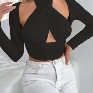 Black Slinky Cross Wrap Halter Crop Top - Donelia