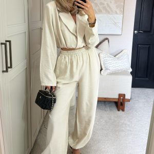 MACY BEIGE CROP BLAZER AND BALLOON TROUSER LINEN BLEND TWO PIECE SET