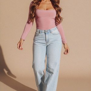 Dusty Pink Slinky Long Sleeve Square Neck Top - Thalina