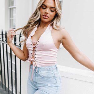 Rose Halterneck Lace Up Crop Top - Lulu