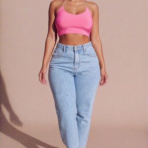 Pink Slinky Spaghetti Strap Halterneck Crop Top - Carisella