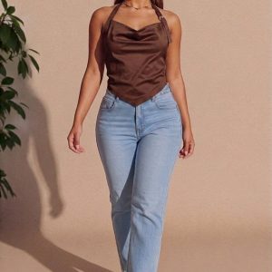 Brown Suede Cowl Neck Handkerchief Hem Halterneck Top - Zarinana
