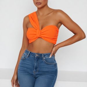 Neon Orange One Shoulder Knot Bralette Top - Julie