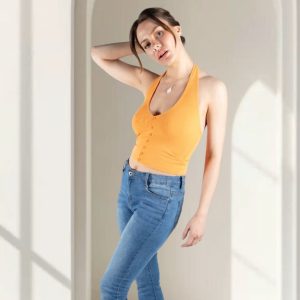 Orange Ribbed Halter Neck Button Front Top - Lila