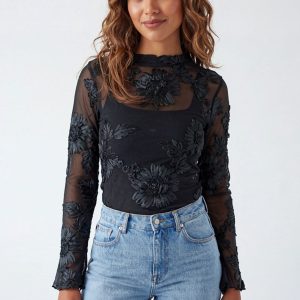 Black Sheer Floral Embroidered High Neck Long Sleeve Top- Zalya