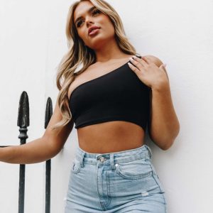 Black Slinky One Shoulder Knot Detail Crop Top - Kimia