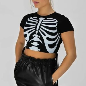 Black Skeleton Print Crop Top-Azira