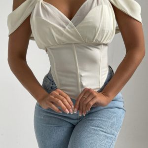 Cream Cold Shoulder V Neck Corset Top - Amiah