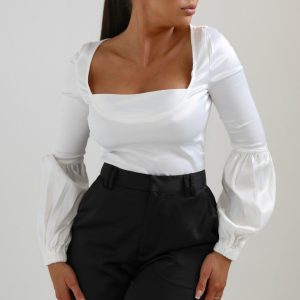 White Square Neck Puff Sleeve Satin Top - Hina