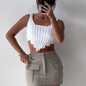 White Knitted V Hem Crop Top - Mimi