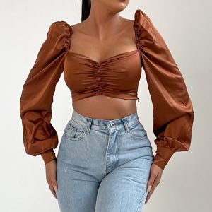 Brown Long Puff Sleeve Button Up Crop Top - Monica