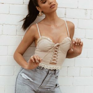 Stone Lace Up Frill Detail Cupped Strappy Corset Top - Ofelia